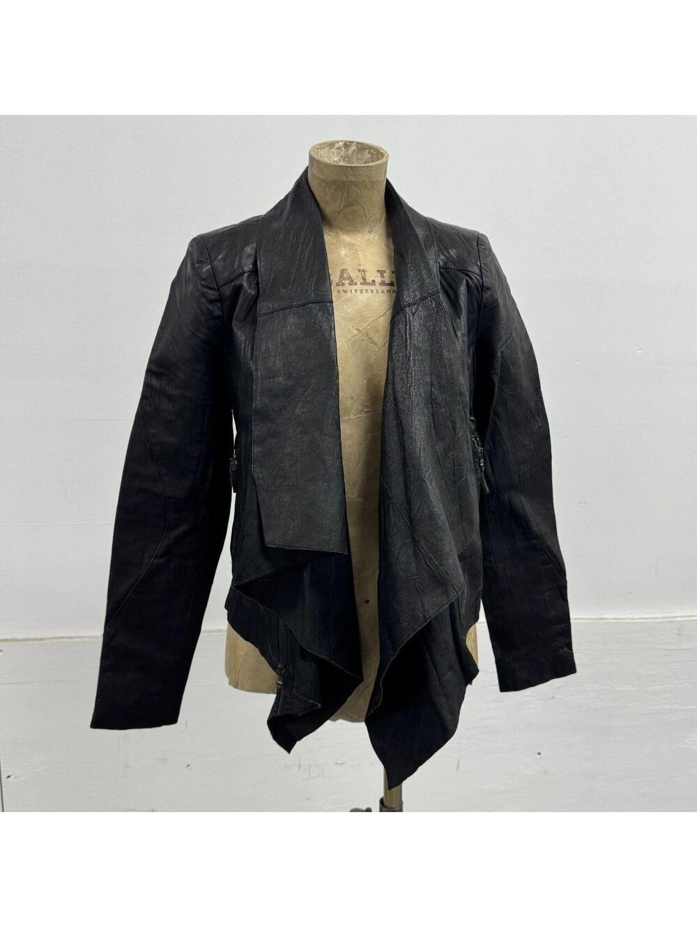 Vintage Black Draped Detachable Collar Avant Garde Leather Jacket